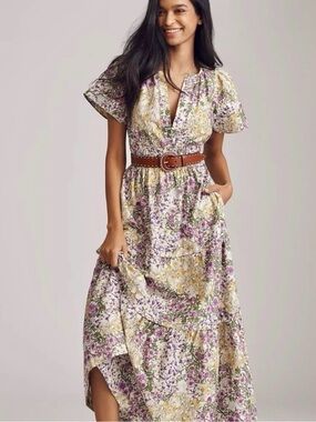 Anthropologie Floral Tiered Maxi Dress in Cream, Lavender & Yellow
